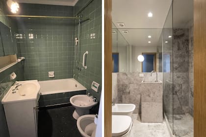 A la izquierda, el antes, un baño antiguo e incómodo. A la derecha, el baño transformado con doble función: toilette y baño de huéspedes.