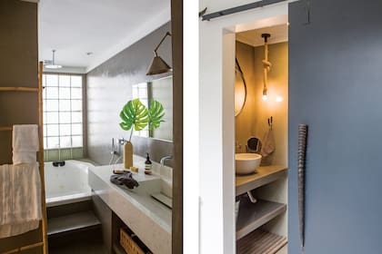 Baño principal con mesada de cuarzo (Dekton). A la derecha, el toilette con portalámparas de soga (Amazon) y una puerta galponera un manijón de metal traído de Francia que imita un cuerno de oryx.