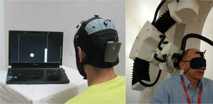 A la izquierda, el emisor con su casco de electrodos. A la derecha, el receptor con el aparato que envía los impulsos a su corteza