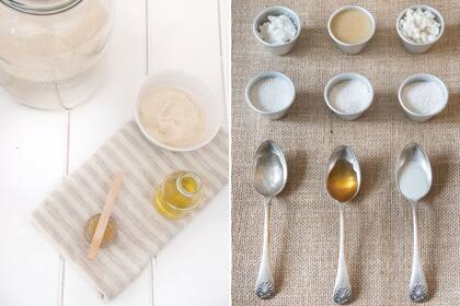 A la izquierda, el exfoliante para labios. Al lado, las tres recetas para el rostro, de Izq. a Der: la de gel de aloe, miel y leche de almendras.
