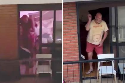 A la izquierda, el hombre dispara con un rifle de aire comprimido a los vecinos; a la derecha, les arroja objetos contundentes