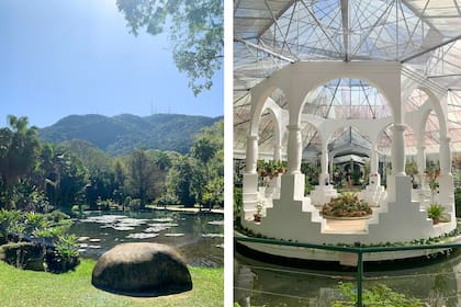 A la izquierda, el lago Frei Leandro con el cerro Corcovado de fondo. A la derecha, el emblemático orquidiario, un elegante invernáculo en hierro y vidrio de estilo inglés
