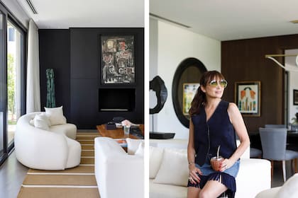 A la izquierda, hogar de bioetanol y consola de cuero (Estudio 11.11). La diseñadora Leticia Rocco, retratada en el living.