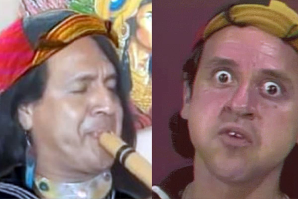 A la izquierda Hugo Kuntur y a la derecha Carlos Villagran personificando a Quico