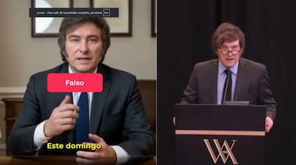 A la izquierda, la imagen generada con IA. A la derecha, la última aparición pública de Milei, en Los Angeles