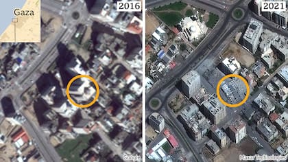 A la izquierda, la imagen que ofrece actualmente Google Earth de la torre Hanadi en Gaza; a la derecha, una imagen satelital de alta resolución que muestra la torre destruida.