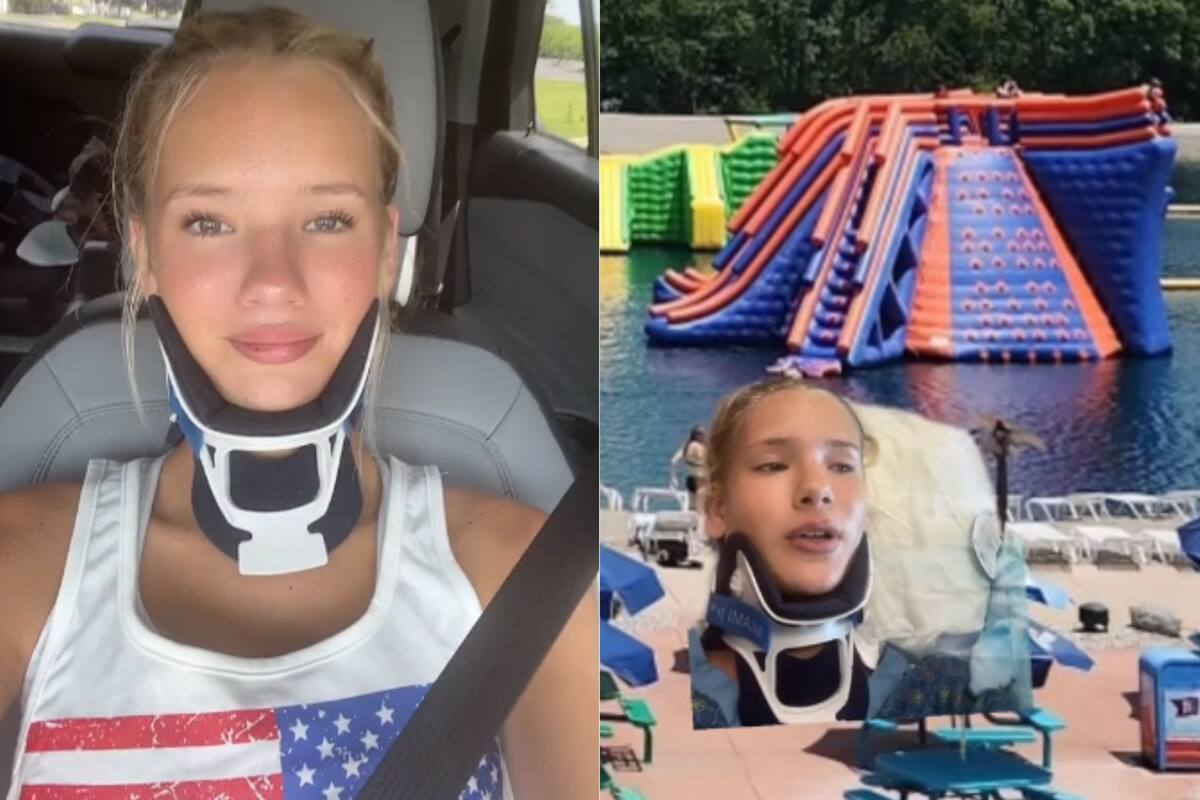 A la izquierda, la joven que mejora cada día más; y a la derecha, ella misma contando cómo fue el accidente en el inflable