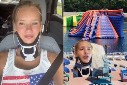 A la izquierda, la joven que mejora cada día más; y a la derecha, ella misma contando cómo fue el accidente en el inflable