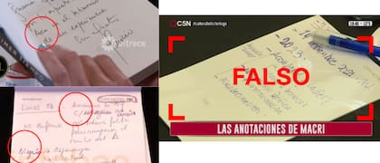 A la izquierda, la letra de Macri en la dedicatoria a Juana Viale y en la foto de Maximiliano Luna (Infobae); a la derecha la foto falsamente atribuida a Macri.