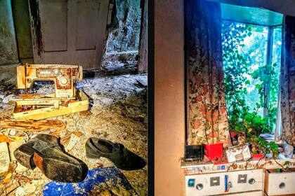 A la izquierda, la máquina de coser y los zapatos en el suelo. A la derecha, las ramas que ingresan por la cocina