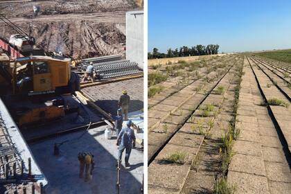 A la izquierda, la obra que atravesó varios campos de la zona de Junín; a la derecha, uno de los muros divisores que se construyeron