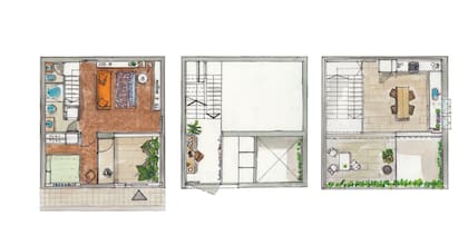A la izquierda, la planta baja patio de acceso, dormitorio, baño completo en el bao escalera y amplio living. En el entrepiso, el espacio de trabajo. Arriba, cocina, comedor y terraza. Con laterales de 7m, los metros cuadrados cubiertos suman 65.