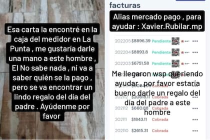 A la izquierda, la publicación que realizó Xavier Emiliano Rubilar; a la derecha, el CBU junto con las boletas que la gente pagó