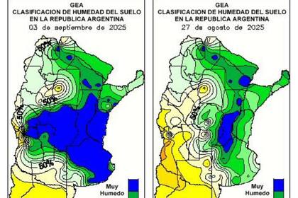 A la izquierda la situación actual de excesos hídricos; a la derecha, el panorama de excesos a la semana pasada, mucho más acotado
