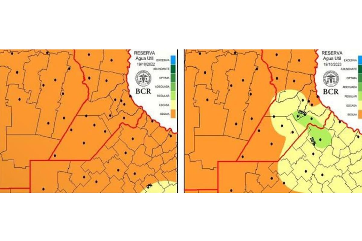 A la izquierda, la situación hídrica en 2022; a la derecha, la reserva actual de agua en la misma región núcleo