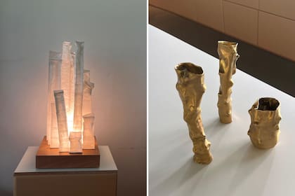 A la izquierda, lámpara GC24, diseño especial para la exhibición en Amigos del Museo de Bellas Artes, realizado por Anita Gil sobre la base de su escultura de papel junto a Ceci Carozza. A la derecha, serie MAAMM de piezas de Dolores Trull.