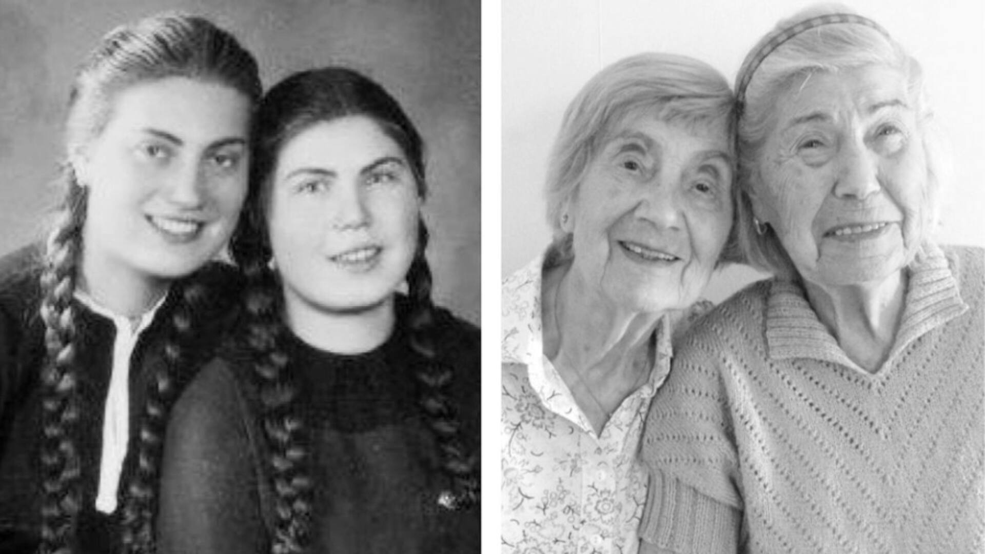 A la izquierda, las hermanas Bracha y Katka Berkovic poco antes de que desatarse la II Guerra Mundial; a la derecha, las costureras recrean la misma foto en 2013. (Foto: Gentileza de Lucy Adlington)