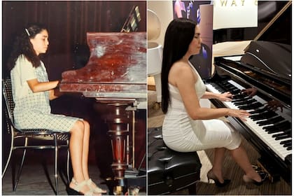 A la izquierda, Marita en el Teatro Vera de Corrientes, en su primera participación en un concierto a los 12 años; a la derecha, e la actualidad en la galería de Steinway en Miami