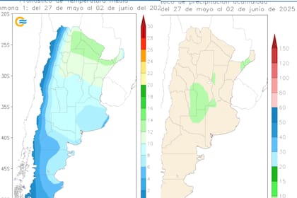 A la izquierda, registro de las temperaturas al 2 de junio; a la derecha, lluvias esperadas