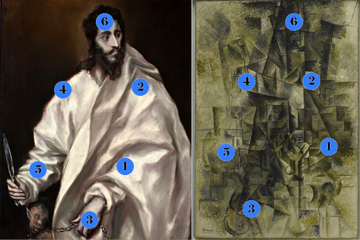 A la izquierda, "San Bartolomé", (1610-1614), el Greco, Toledo, Museo del Greco (cortesía del Museo del Prado); a la derecha, "Acordeonista" (1911), de Pablo Picasso (Nueva York, Guggenheim)