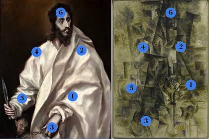A la izquierda, "San Bartolomé", (1610-1614), el Greco, Toledo, Museo del Greco (cortesía del Museo del Prado); a la derecha, "Acordeonista" (1911), de Pablo Picasso (Nueva York, Guggenheim)