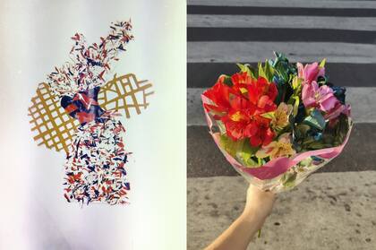 A la izquierda, un mapa de identidad de Anita, que decidió pensar al océano como lo que une en vez de separar. Representa dos mapas de París y Buenos Aires, con una misma avenida que los atraviesa. A la derecha, un ramo de flores para una de mis mamás de corazón.