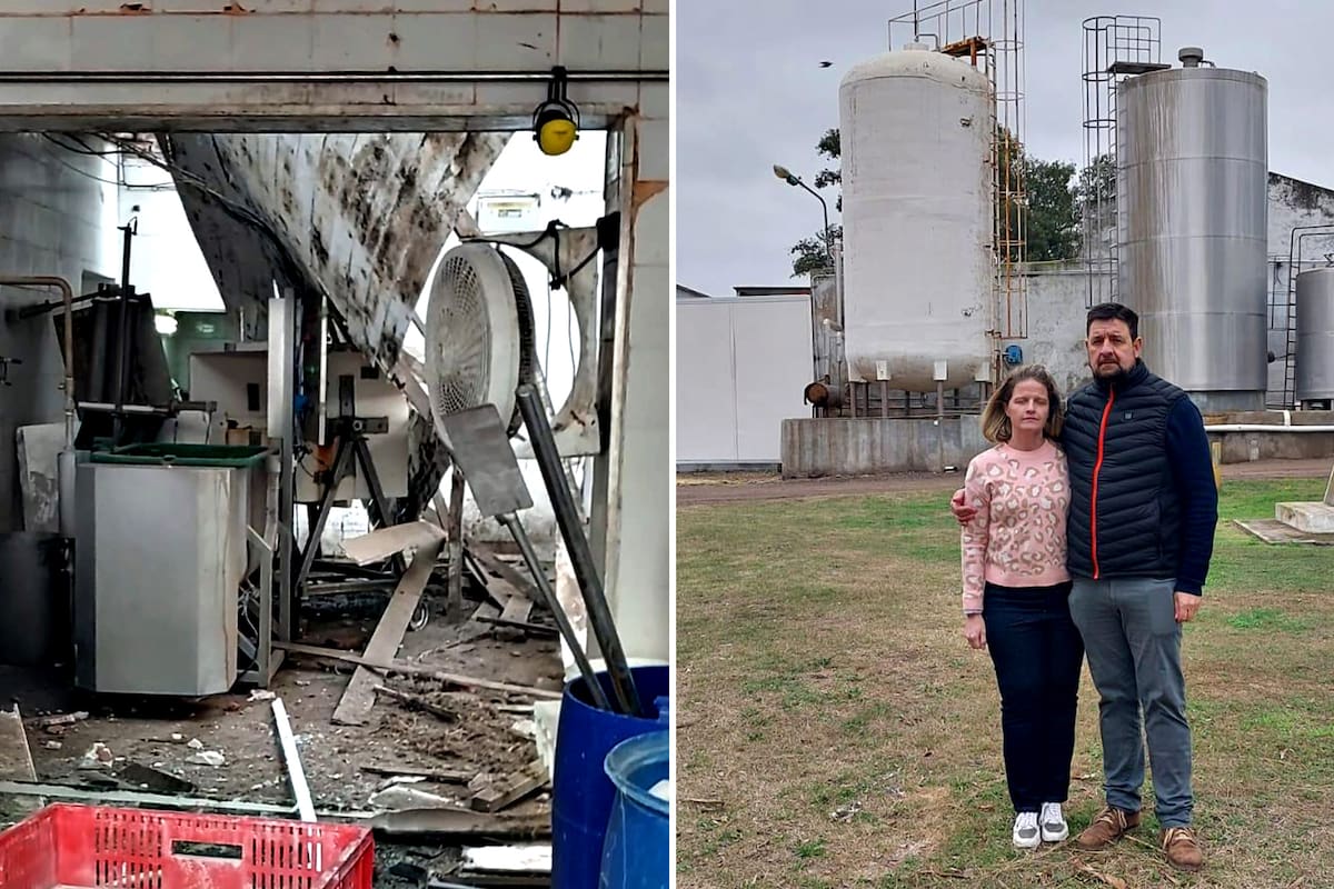 A la izquierda, una de las salas destruidas; a la derecha, Karina Vignetta y Martín Ghígo quienes llevan adelante la fábrica de quesos