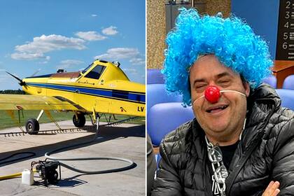 A la izquierda, uno de los aviones agrícolas que se importa; a la derecha, Ariel Pérez, el empresario encadenado ayer en la Secretaría de Comercio