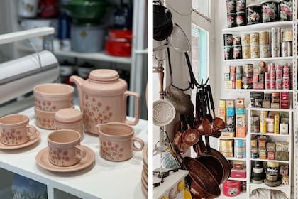 A la vajilla vintage se suma todo tipo de utensilios de antaño y contenedores que eran la escenografía de las cocinas de los años 70 (mínimo).