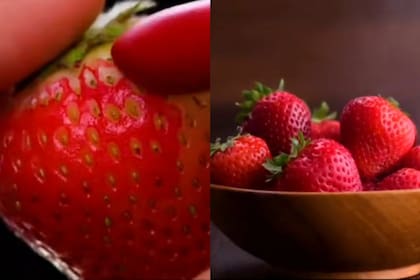 A las frutillas se les coloca lápiz labial rojo y spray para el cabello