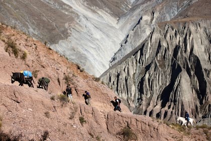 A las nubes. La expedición la encabeza la urna, que viaja en una bolsa celeste sobre el lomo del primer burro; detrás, el urnero y los dos gendarmes custodian su camino a la escuela de Chiyayoc
