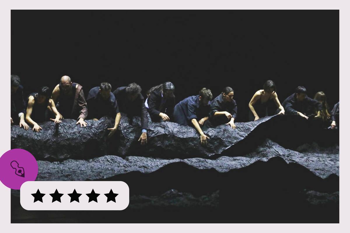 A lo largo de casi tres horas, 12 bailarines y actores de energías diversas y complementarias se apoderan de la gran sala del Cervantes en un montaje de gran escala y de múltiples como fascinantes lecturas