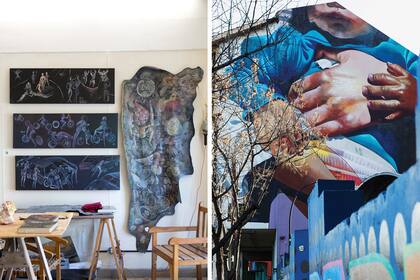 A la izquierda, uno de los talleres de Boca de Fuego. A lo largo del Distrito de las Artes hay intervenciones de artistas locales y extranjeros sobre fachadas y medianeras de edificios: acá, el impresionante mural-homenaje a las madres trabajadoras del alemán Case Maclaim.