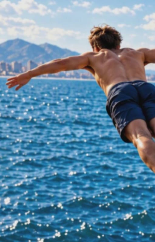 A los 17 años, Massimo Lorusso saltó desde un muelle al mar Adriático, en la costa de Rimini, y su vida cambió para siempre (imagen generada por IA)