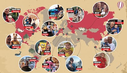 A los 45 día, Mirko voló a Argentina. Había nacido en Estados Unidos y viajó con su papá para instalarse en Buenos Aires. Junto a Marley y gracias al programa Por el mundo, ya suma miles de millas: Nueva York (allí fue bautizado), Dubái, Rusia, Grecia, Bélgica y España. Infografía: Silvina Anschutz.