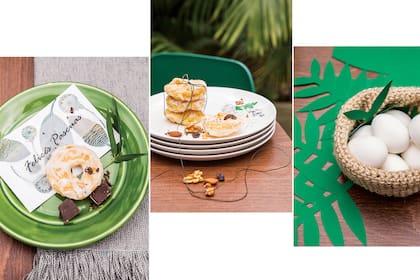 A los mensajes de buenos deseos, les sumamos hojas tiernas, recortadas o dibujadas, junto a frutos secos, las roscas individuales apiladas y atadas, y el chocolate en su versión más sencilla.
