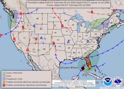 A medida que se acerque el huracán Milton a la costa de Florida, se intensificarán las tormentas y las inundaciones repentinas; en la imagen, la previsión para el miércoles 9 de octubre