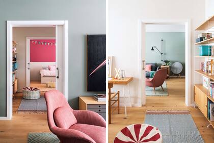 La vista muestra la butaca ‘Swoon’ en el living, pasa por el escritorio con estantería ‘String’ (ambos de Fredericia) y llega al cuarto, donde la pared bicolor con papel vinílico rosa responde fantásticamente a la perspectiva inversa.