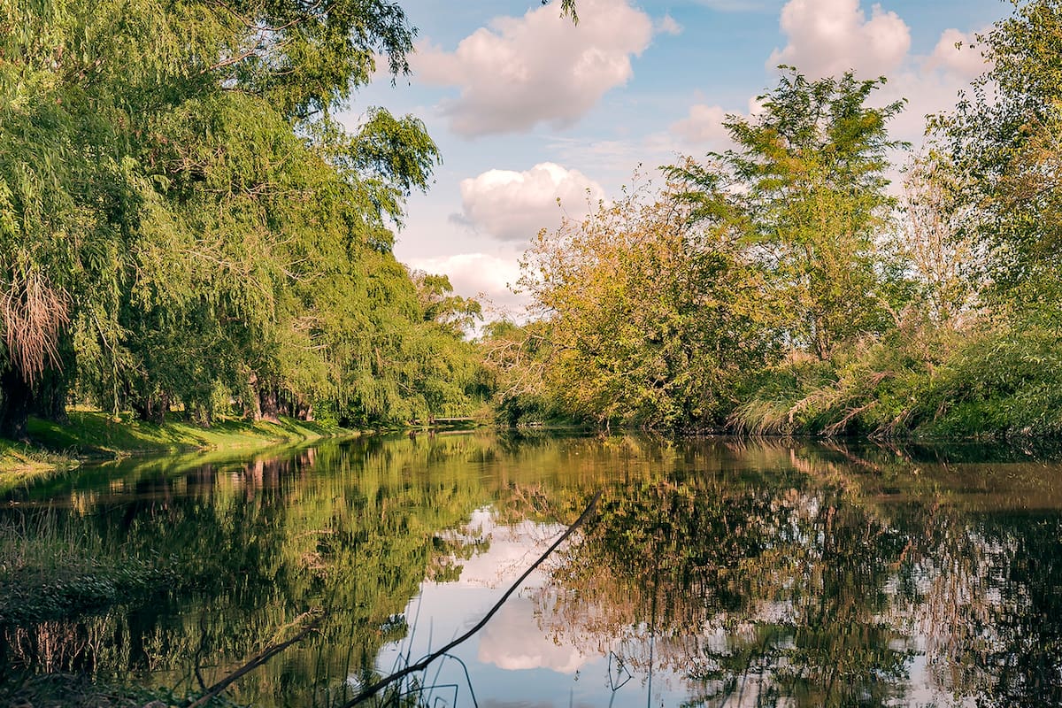 A menos de 300 kilómetros de Buenos Aires, lo visitó Darwin (que lo llamó Tapalguen), lo mencionó Borges, y hoy es un atractivo remanso de llanura y arroyo. EN la foto, La costanera del arroyo Tapalqué