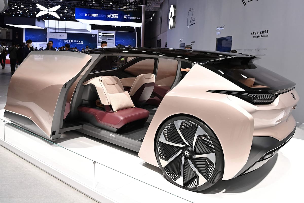 A Nio Eve car is seen during the 19th Shanghai International Automobile Industry Exhibition in Shanghai on April 19, 2021. (Photo by Hector RETAMAL / AFP)