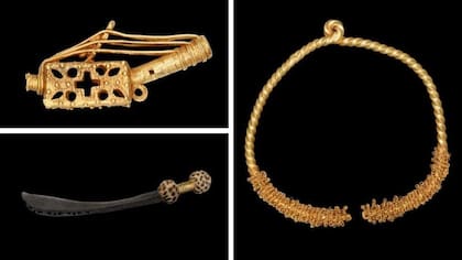 A principios del siglo XIX se donó al Museo Británico un modelo de arpa de oro (arriba a la izquierda). Pero el torque de oro (derecha) y la espada del Estado fueron saqueados