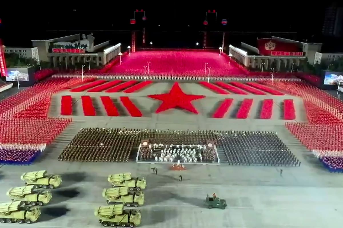 A screen grab taken from a KCNA broadcast on October 10, 2020 shows a general view of North Korean tanks during a military parade marking the 75th anniversary of the founding of the Workers Party of Korea, on Kim Il Sung square in Pyongyang. - Nuclear-armed North Korea held a giant military parade