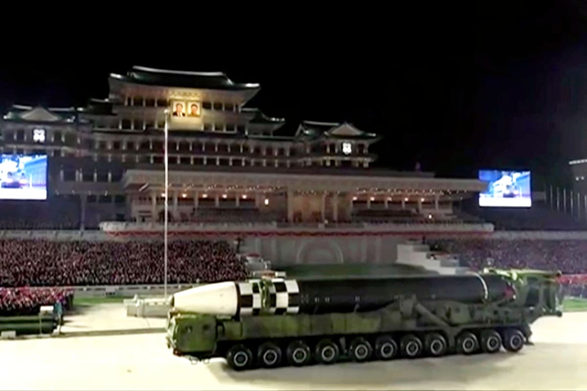 A screen grab taken from a KCNA broadcast on October 10, 2020 shows North Korean Hwasong-15 intercontinental ballistic missiles during a military parade marking the 75th anniversary of the founding of the Workers Party of Korea, on Kim Il Sung square in Pyongyang. -