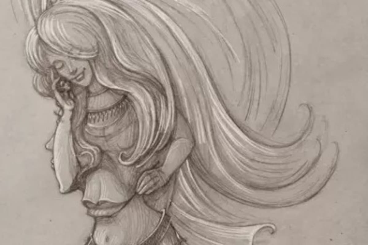 A simple vista, el diseño de Oleg I. Shuplyak es una joven sonriente, aunque entre líneas se esconden otras tres más.