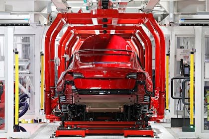 A Tesla Model 3 is seen on the assmebly line at the Tesla factory on Wednesday, July 18, 2018 in Fremont, Calif. (Photo By Lea Suzuki/The San Francisco Chronicle via Getty Images)