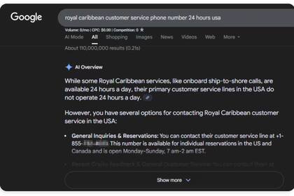 A través de esta búsqueda, se reflejó el número recomendado por Google para llamar a Royal Caribbean: era falso