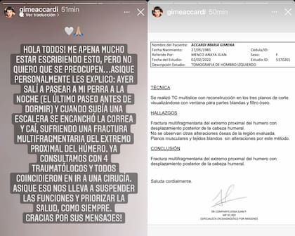Gimena Accardi relató lo sucedido en su cuenta de Instagram