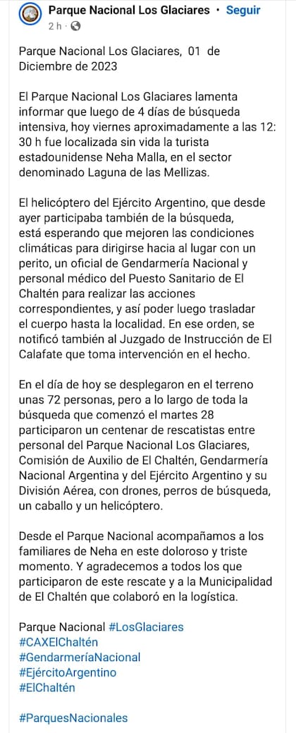 A través de su cuenta de Facebook, el Parque Nacional Los Glaciares informó el hallazgo sin vida de Neha Malla, una turista estadounidense