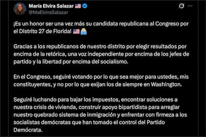 A través de su cuenta en X, María Elvira Salazar criticó a los demócratas y anticipó un triunfo en las elecciones de noviembre