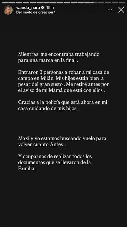 A través de sus redes sociales, la conductora advirtió sobre el hecho de inseguridad que sufrió su familia (Foto: Instagram @wanda_nara)